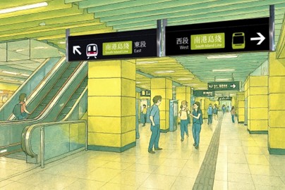 黄竹坑站将会为南港岛线（西段）和南港岛线（东段）乘客提供无缝转乘（模拟效果，非实景图片）