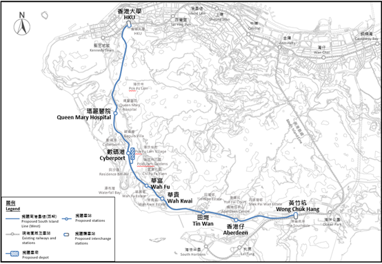 南港岛线（西段）拟议的走线及车站位置