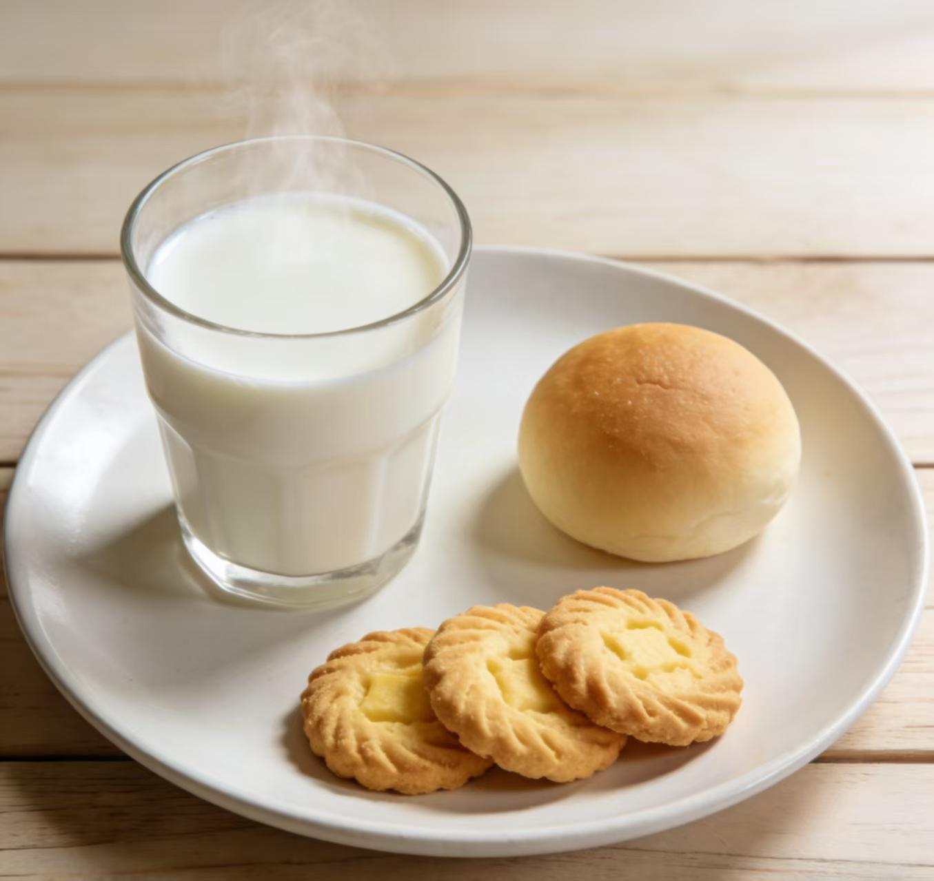 一杯牛奶，一小個饅頭或曲奇餅乾