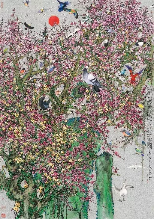 萧晖荣作品《一带一路 鸟鸣花开》