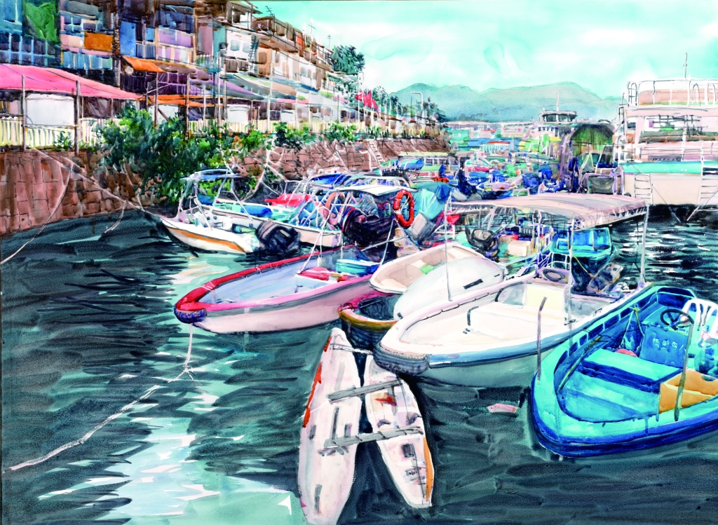 12、杨晓洋Yang Xiaoyang《香港西贡渔村》Sai Kung Fishing Village，Hong Kong纸本水彩Watercolor on paper 80x120cm 2015
