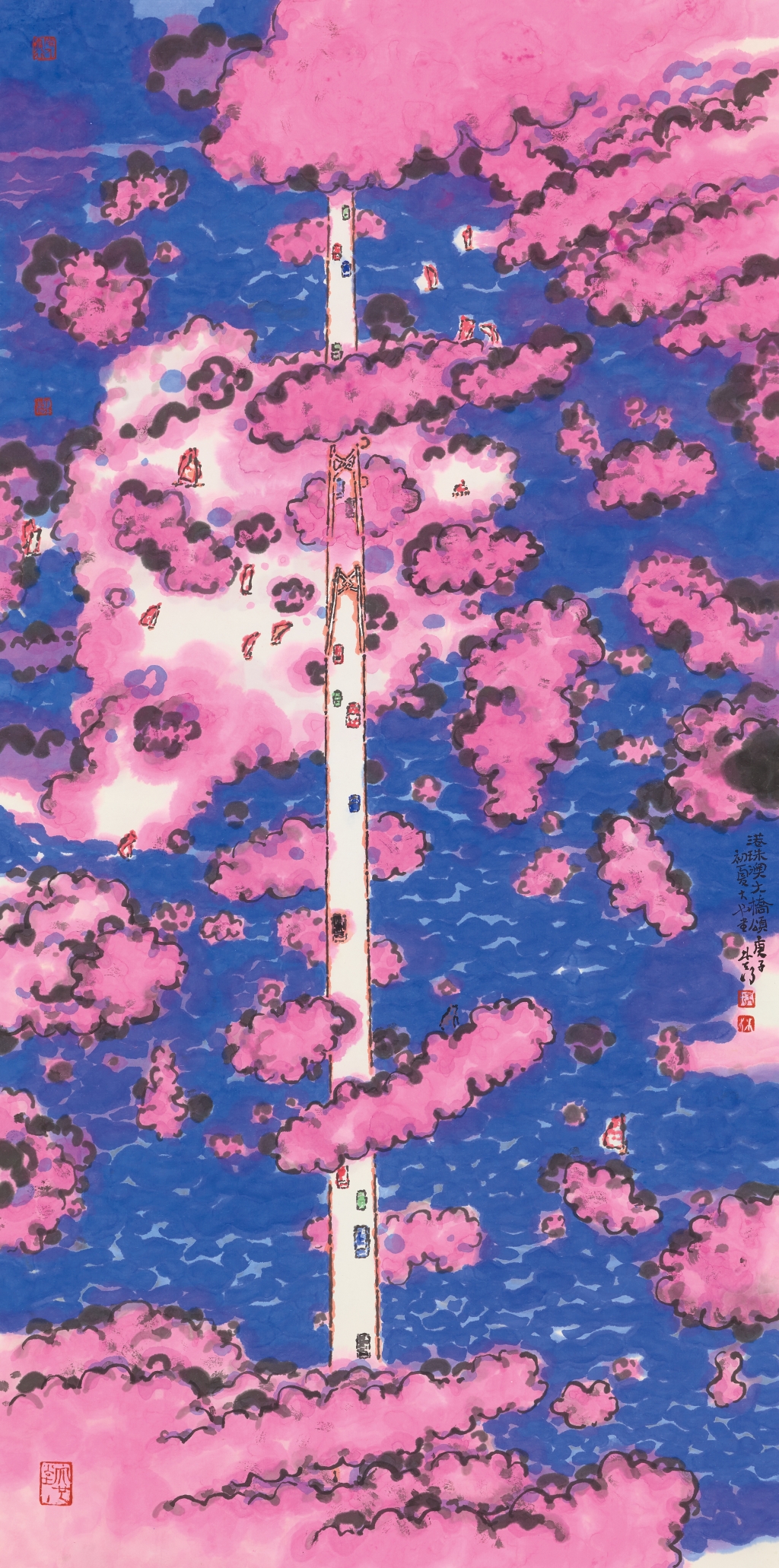 9、林天行 Lin Tianxing 《港珠澳大桥》Hong Kong-Zhuhai-Macao Bridge 纸本设色Ink and color on paper138x68cm 2022