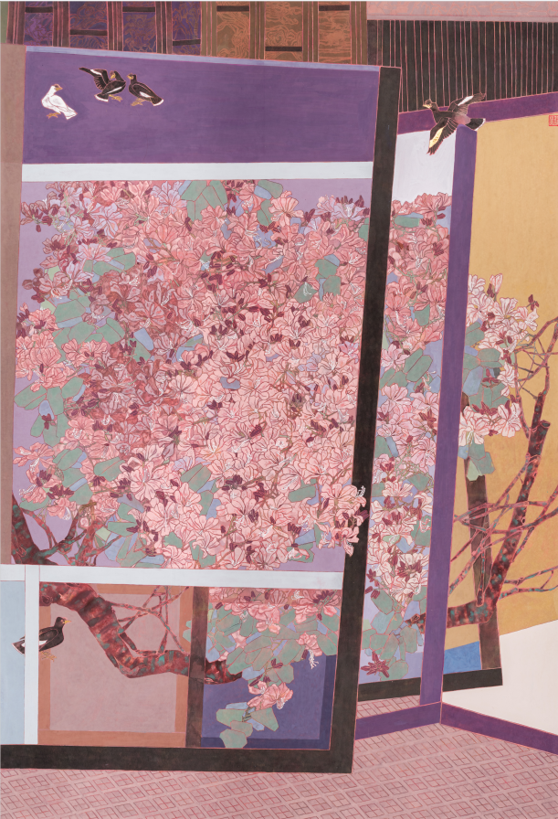 14、罗兰Luo Lan《紫荆迎春来》Chinese Redbuds Greeting the Advent of Spring纸本设色Ink and color on paper 200x140cm 2021