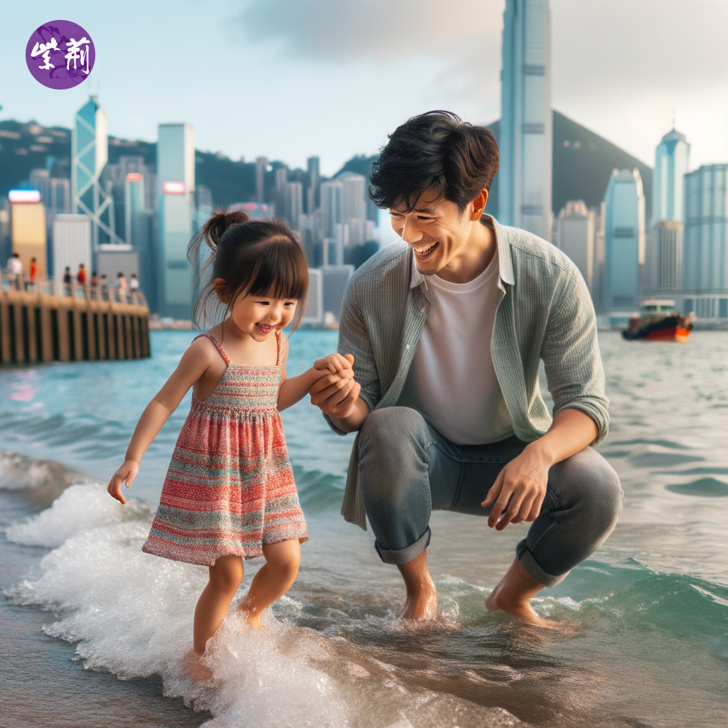 一位香港父亲与女儿在维多利亚港玩耍，可爱、温情_副本